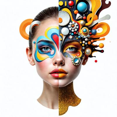 The primary subject of the image is a woman with a colorful face painted with various patterns and designs. She is wearing a gold crown and has a gold necklace. The setting is a white background, and the visual style is a digital art or illustration. The colors and mood of the image are vibrant and lively, with the woman's face being the main focus of the image.